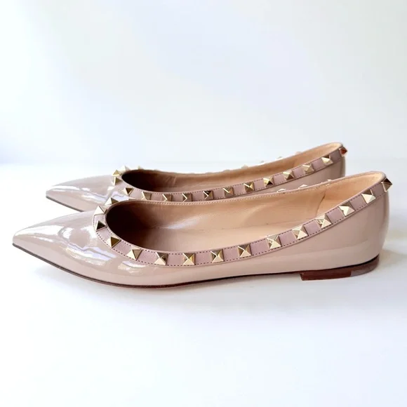 Valentino Garavani Rockstud Pointed Toe Flats Nude Beige Patent Leather 38.5 - Picture 4 of 15